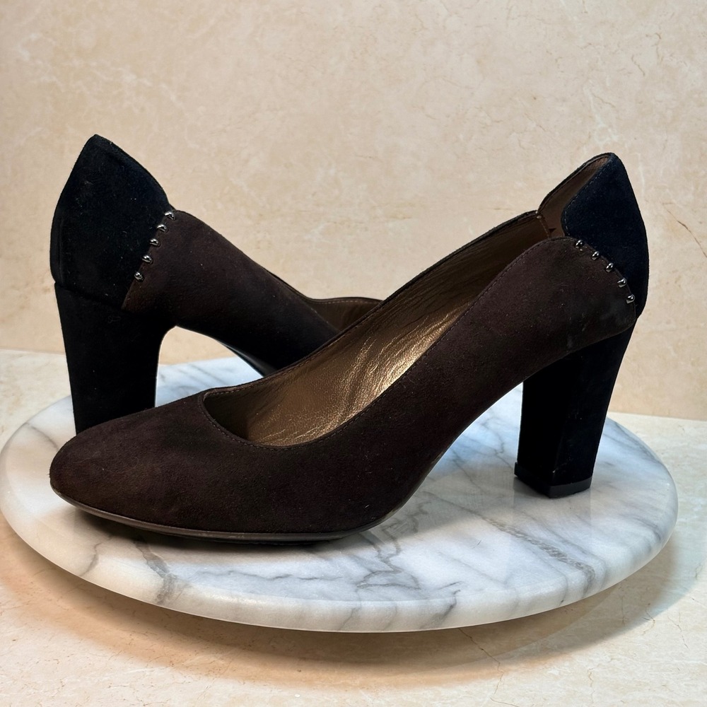 Aquatalia Women's Brown‎ Suede Block Heel Pumps Studded Made in Italy Size 8